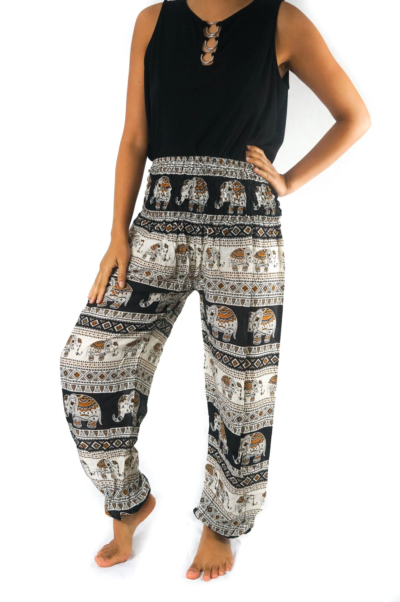 Unisex Bohemian Elephant Tribal Harem Pants- Black/Cream