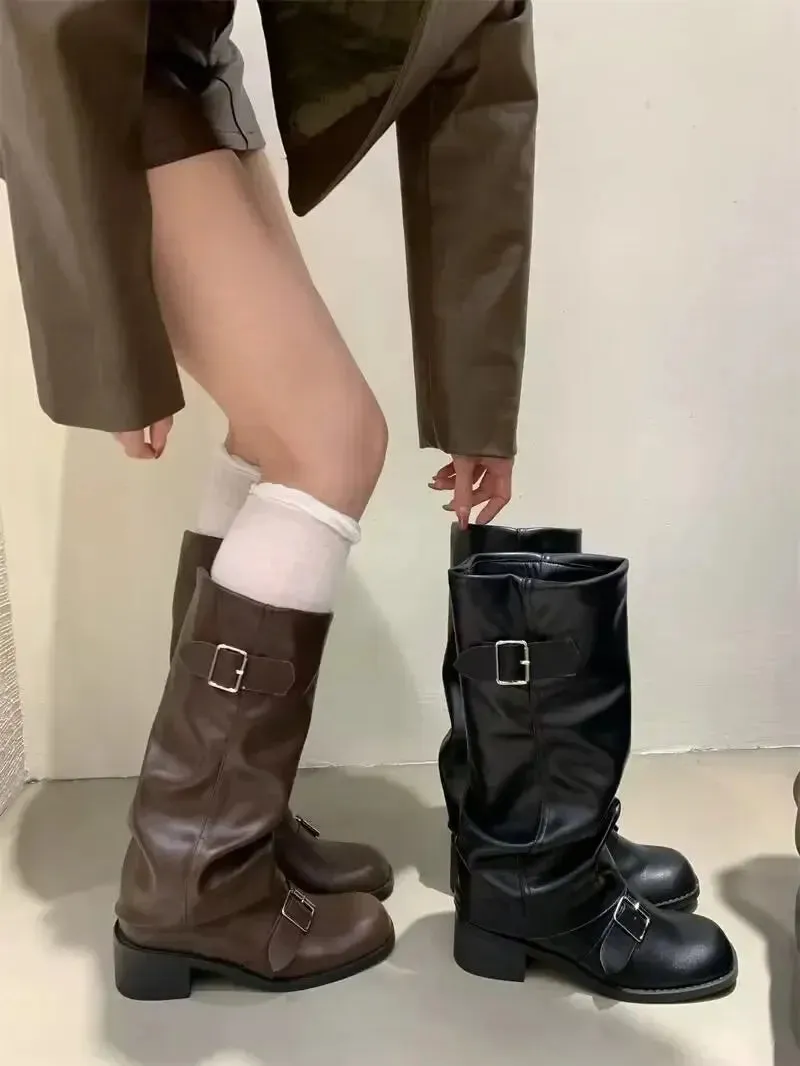 Woman Boots Knee High Platform Chunky Heels Trend Punk Gothic New Rock Leather Fashion Women's Shoes Motorcycle Footwear Q221
