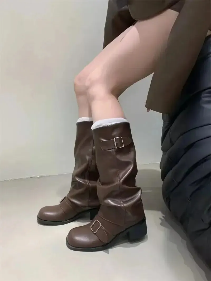 Woman Boots Knee High Platform Chunky Heels Trend Punk Gothic New Rock Leather Fashion Women's Shoes Motorcycle Footwear Q221